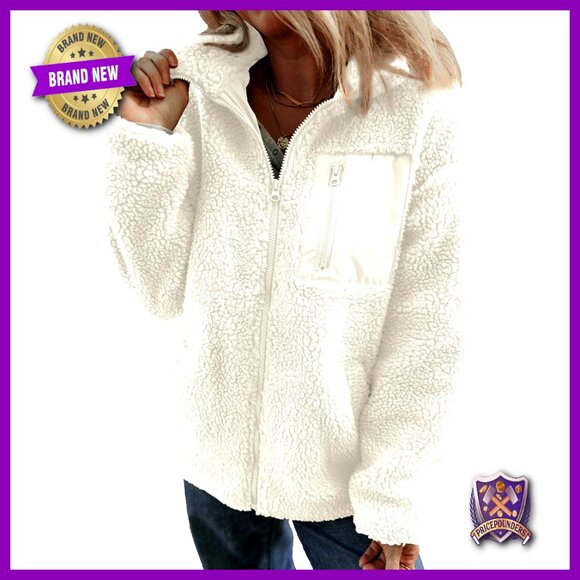 Full Zipper Fleece Jacket Relaxed Fit Warm Teddy Coat Long Sleeve Chic